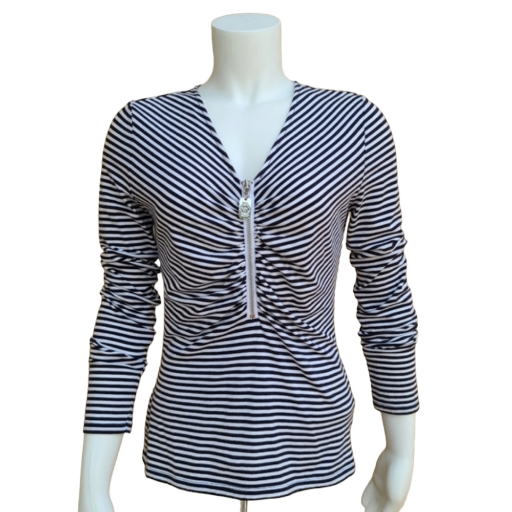 MICHAEL KORS Striped Long Sleeve Knit Top S Small Shirt Ruched Zipper Front - Picture 9 of 13